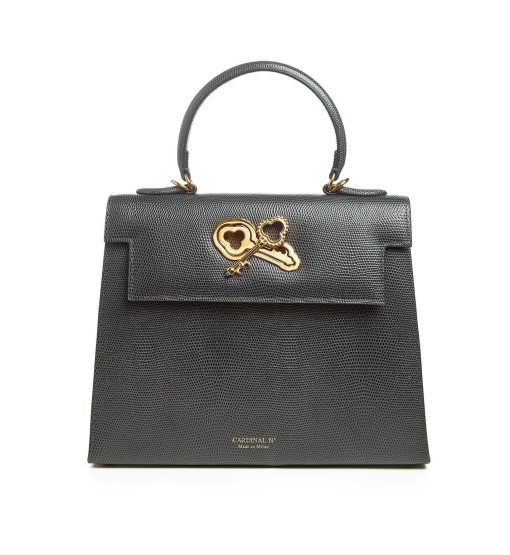 ⁦Lady Cardinal Time Keys Lizard embossed grey leather bag MTO⁩ - الصورة ⁦9⁩