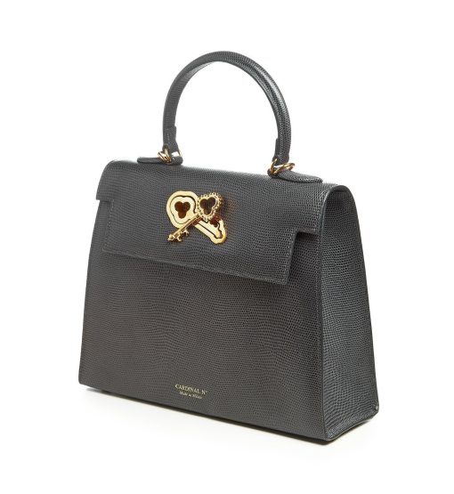 ⁦Lady Cardinal Time Keys Lizard embossed grey leather bag MTO⁩ - الصورة ⁦3⁩