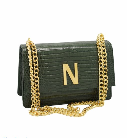 ⁦Operà Day & Night Croc Embossed green leather chain bag⁩ - الصورة ⁦3⁩
