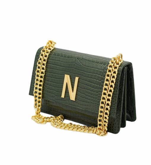 ⁦Operà Day & Night Croc Embossed green leather chain bag⁩ - الصورة ⁦2⁩
