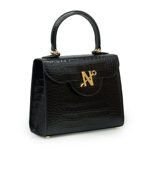⁦First Lady black croc embossed leather handbag MTO⁩ - الصورة ⁦3⁩