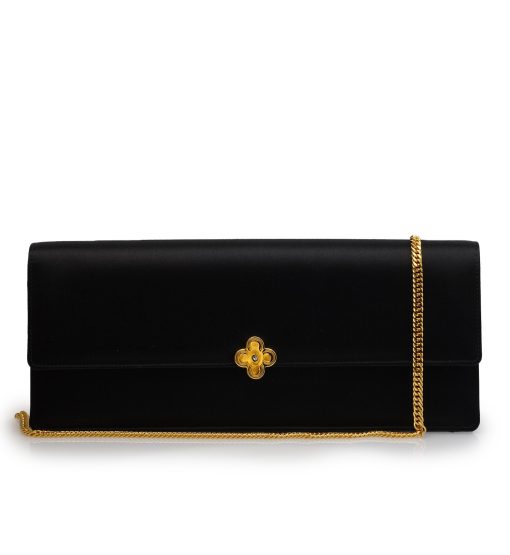 ⁦Time 22 Black satin jewel clover clutch⁩ - الصورة ⁦7⁩