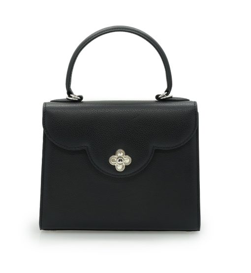 First Lady Flower-twist Black textured  leather handbag