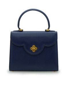 First Lady Flower-twist Navy blue textured leather handbag
