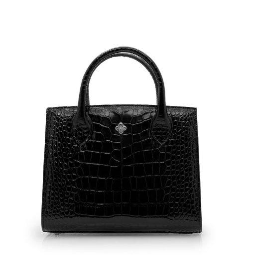 Black croc leather small tote white gold flower