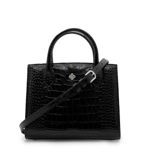 ⁦Black croc leather small tote white gold flower⁩ - الصورة ⁦5⁩