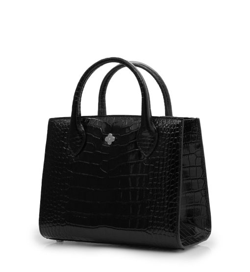 ⁦Black croc leather small tote white gold flower⁩ - الصورة ⁦2⁩
