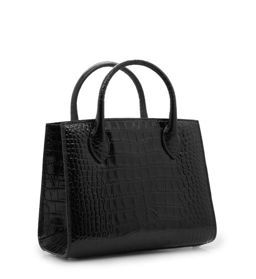 ⁦Black croc leather small tote white gold flower⁩ - الصورة ⁦3⁩